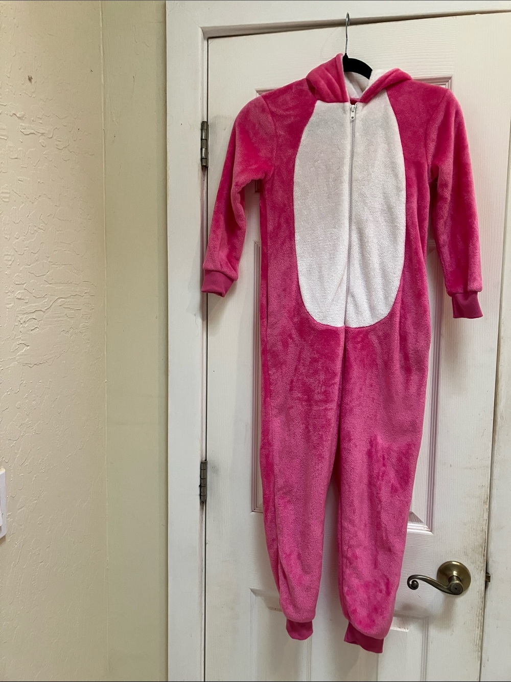 Kids Plush Hooded Bunny One-Piece Bodysuit in Pink with White Front